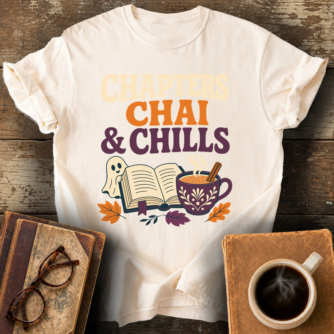 Chapters, Chai & Chills Tee - ivory shirt mockup